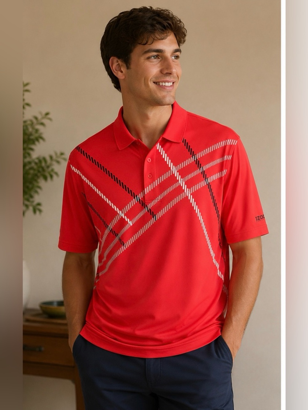 Izod Red Polo with Diagonal Plaid Stripes